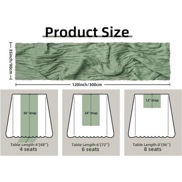 Cheesecloth Table Runner Sage Green  120" x 35" Rustic Gauze Spring Table Runner - Picture 3 of 7